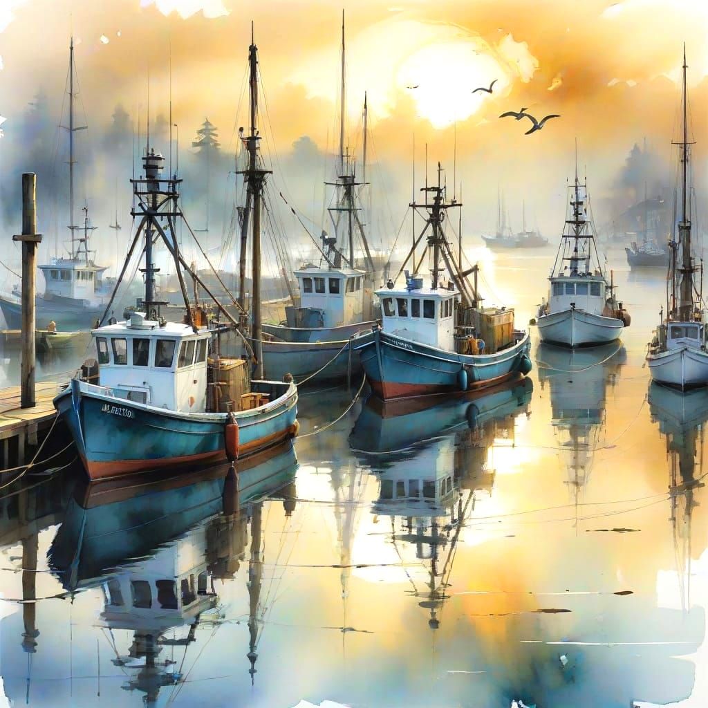 Misty Harbor Sunrise with Fishing Boats in Watercolor