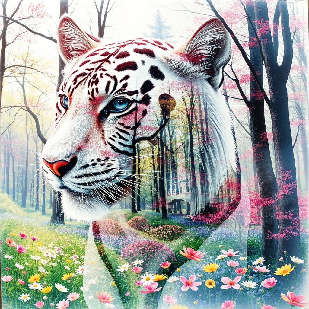 Ethereal White Tiger Meets Vibrant Springtime Forest in Drea...