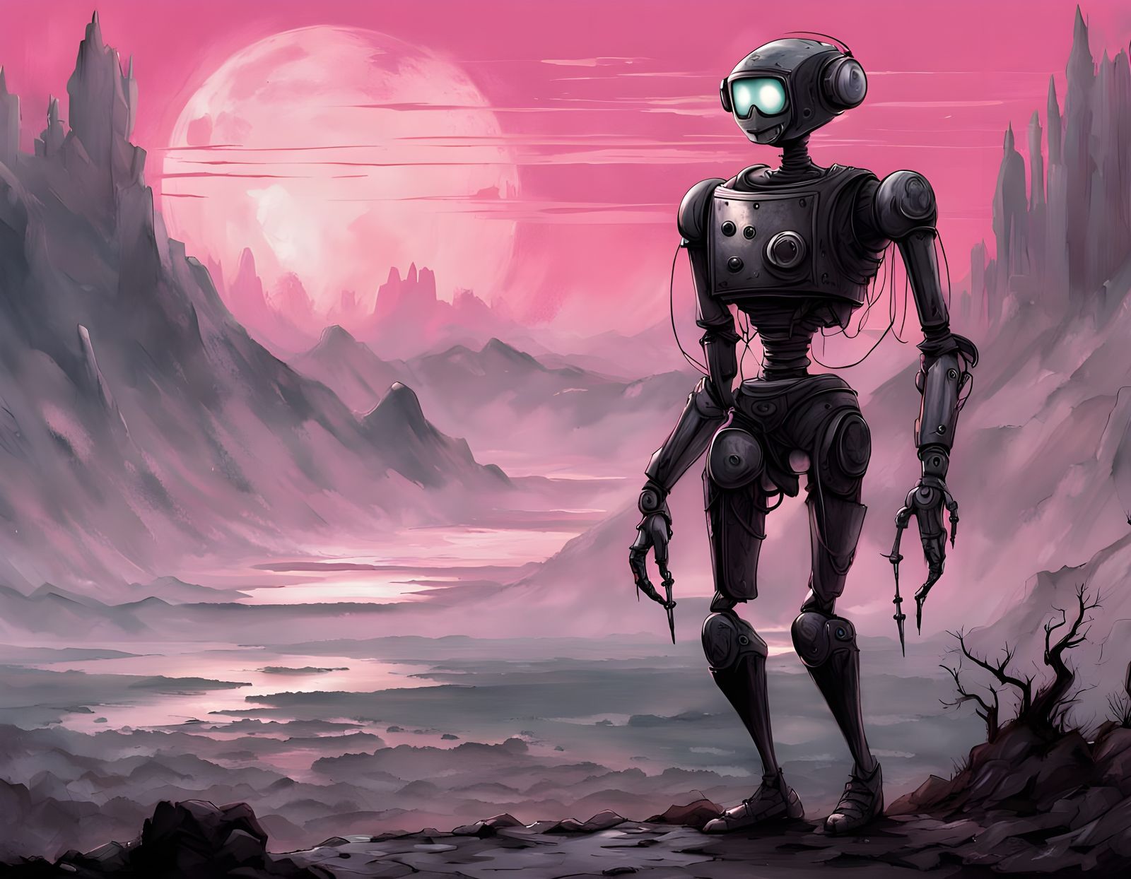 Spectral Robot in Desolate Landscape as Cel-Shaded Art