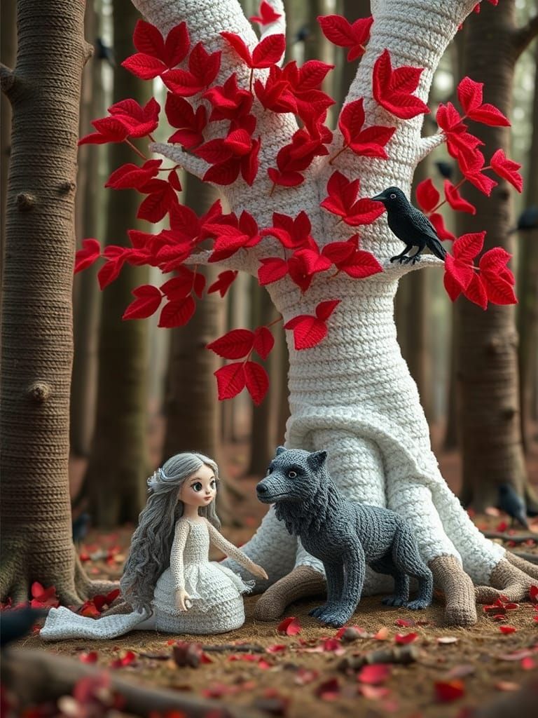 Crochet World: Doll, Weirwood Tree, and Direwolf