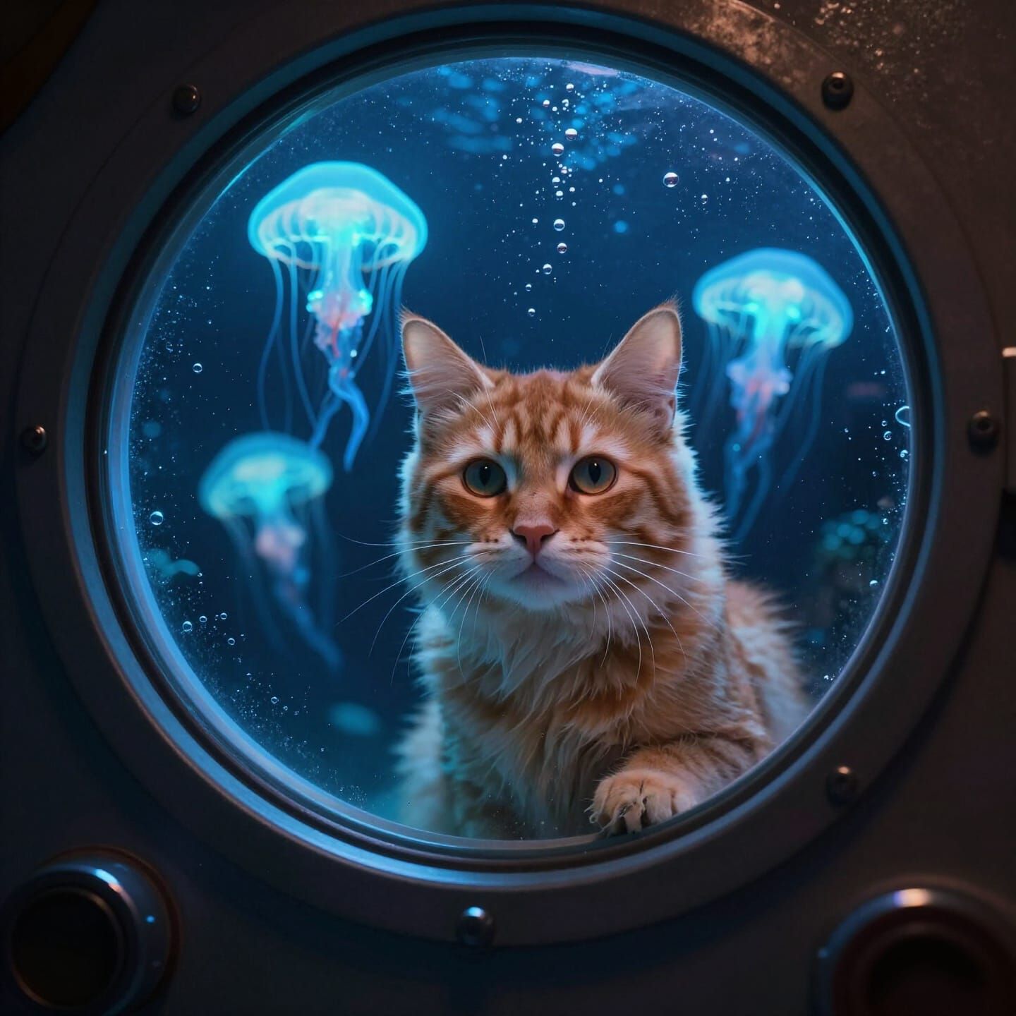 Cat Gazes at Bioluminescent Jellyfish Through Underwater Sta...