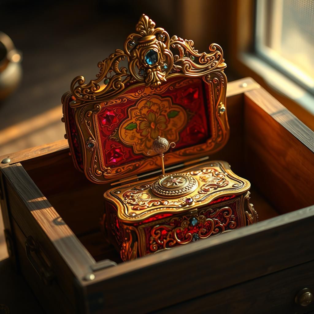Ornate Music Box in Vintage Crate