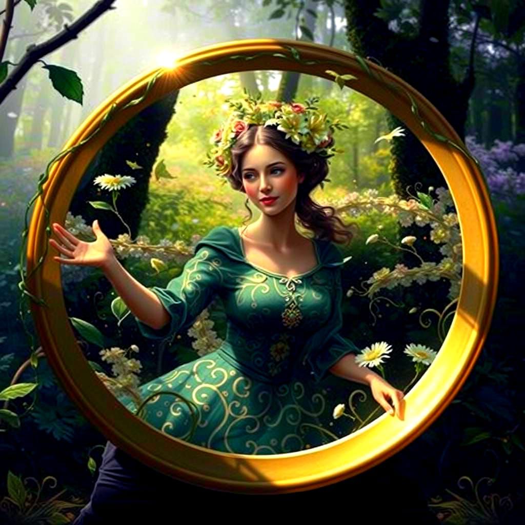 Thoughtful Woman in Forest with Flowers, Hyper-realistic Por...