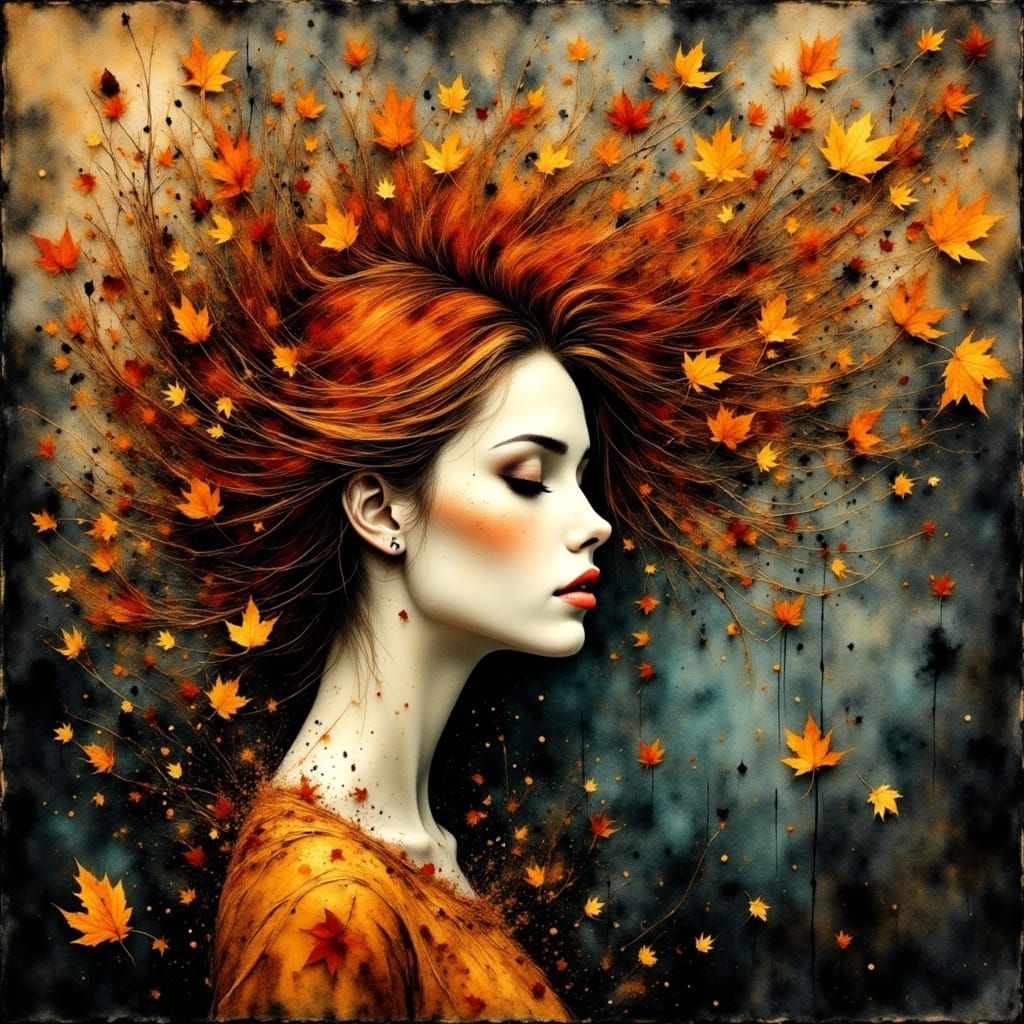 Autumn Woman Personified in Fiery Swirling Foliage