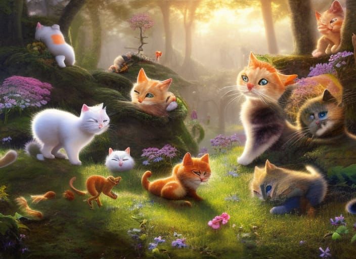 Cats Playing in Whimsical Forest Painting