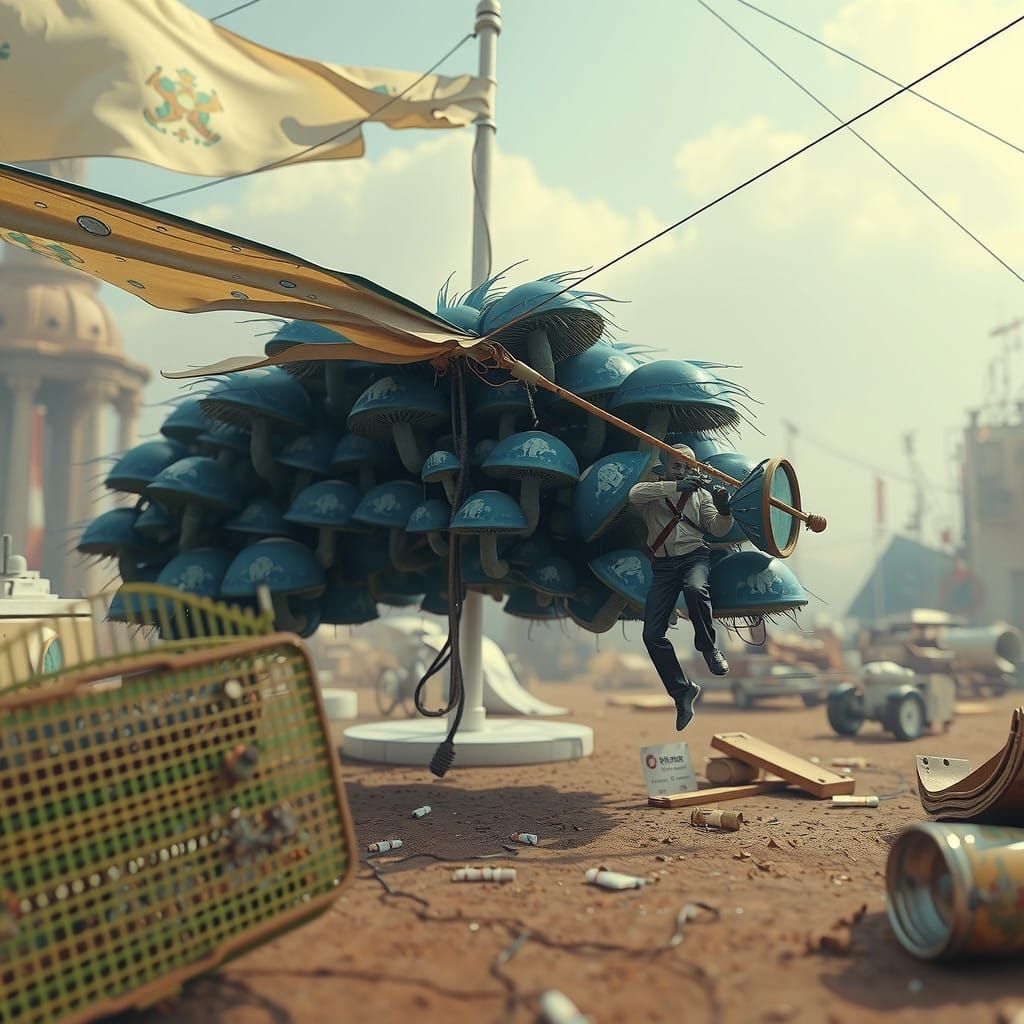 Faceless Bureaucrat Amidst Mushroom Prints and Retro-Futuris...