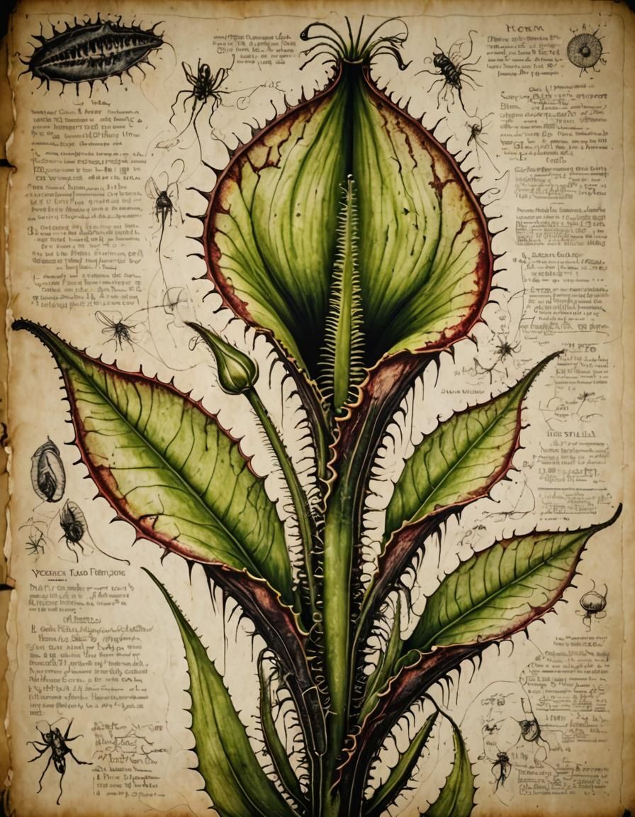 Intricate Venus Flytrap Diagram in Giger Style