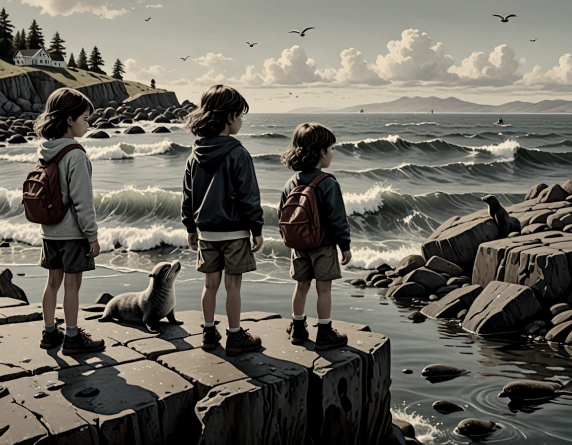 Children Watching Seals in Hyperrealistic Breakwater Scene