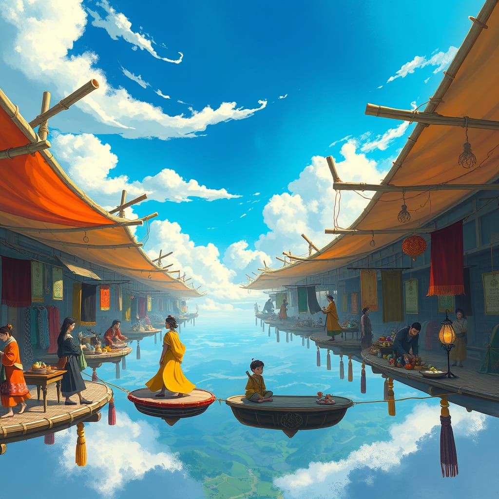 Whimsical Cloud Market Scene in Vibrant Colors