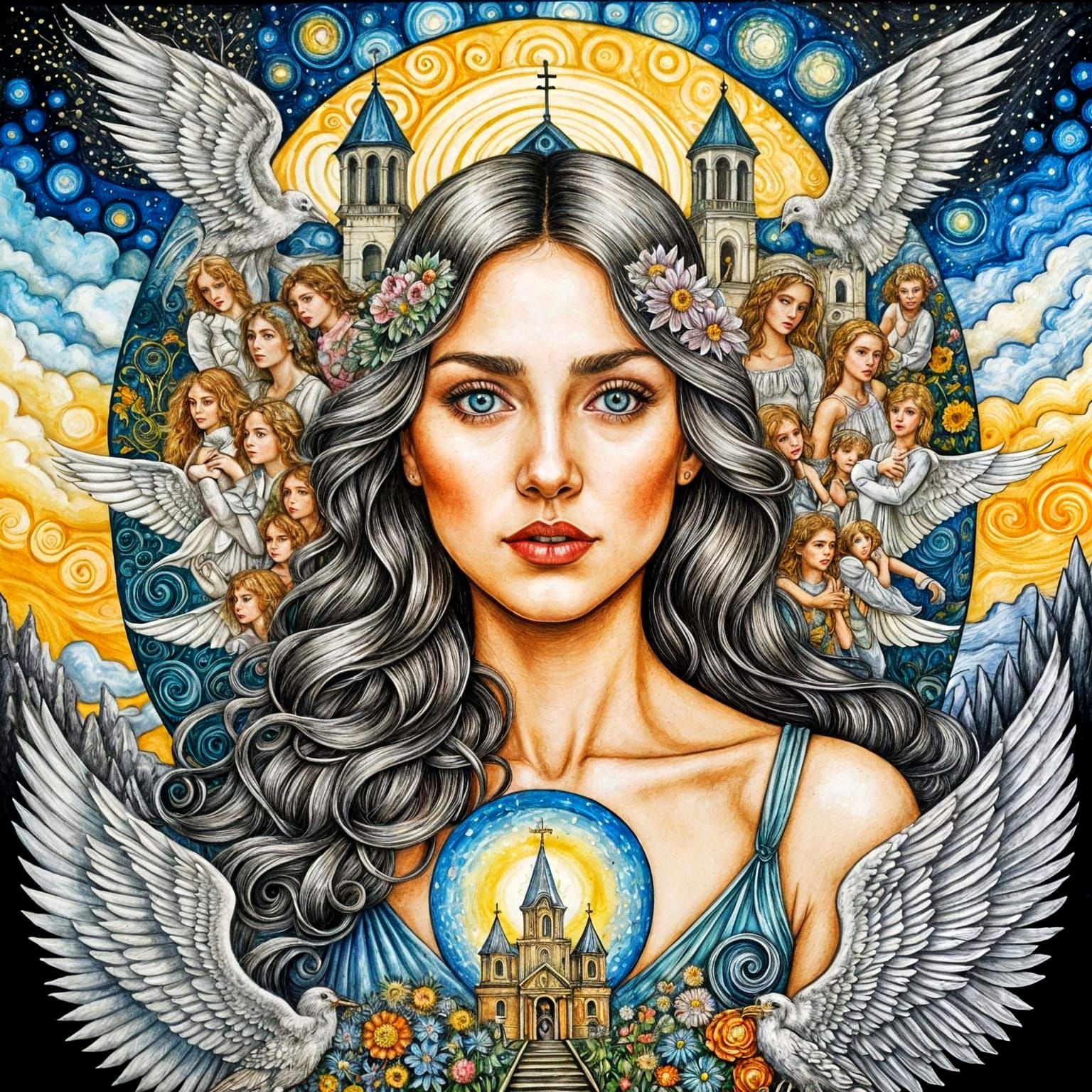 Angelic Woman Portrait in Pointillist Watercolour Style