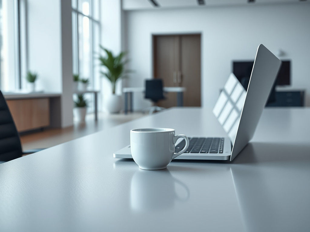 Hyper-Realistic Coffee Cup and Laptop in Modern Office
