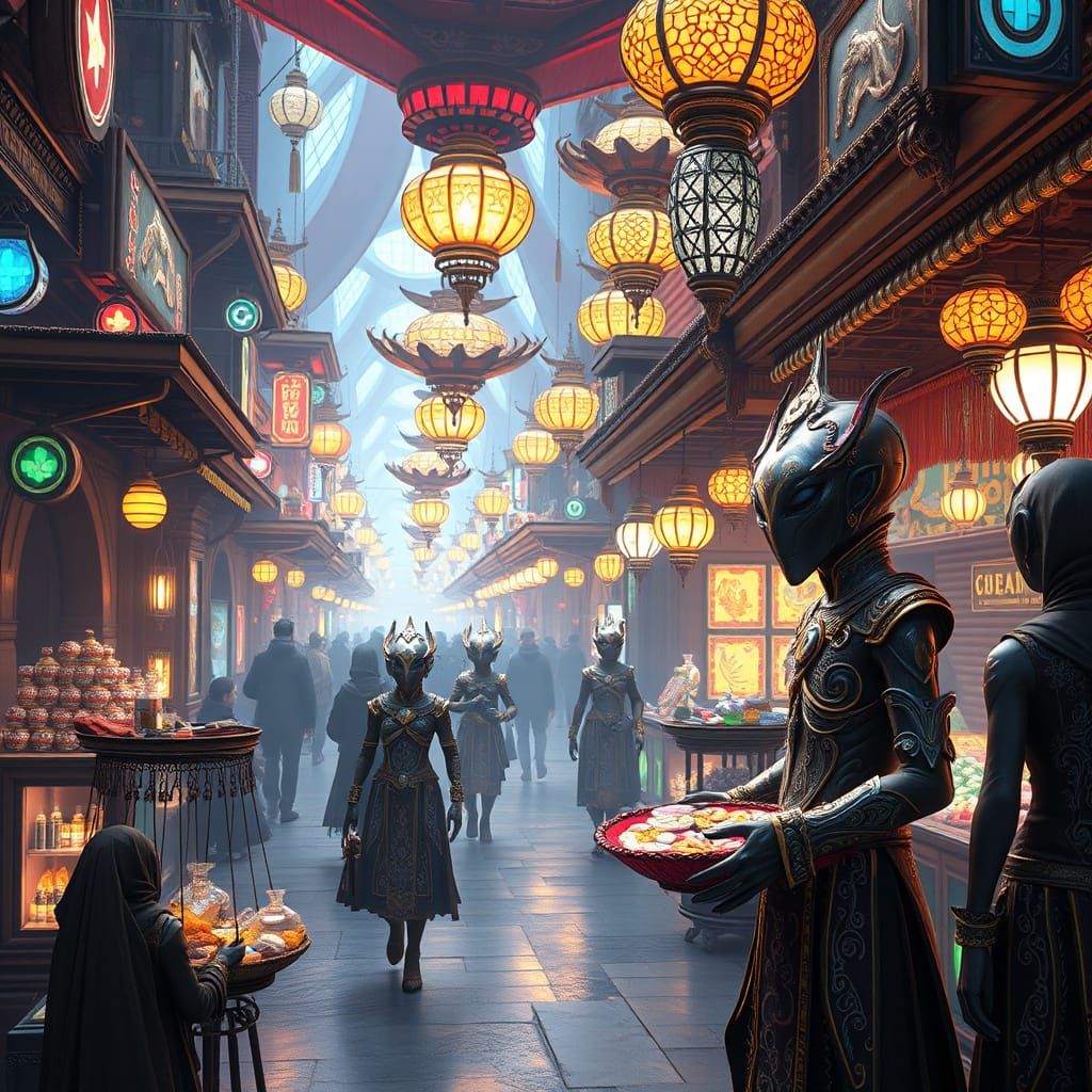 Bustling Alien Street Market in 3D Game Style