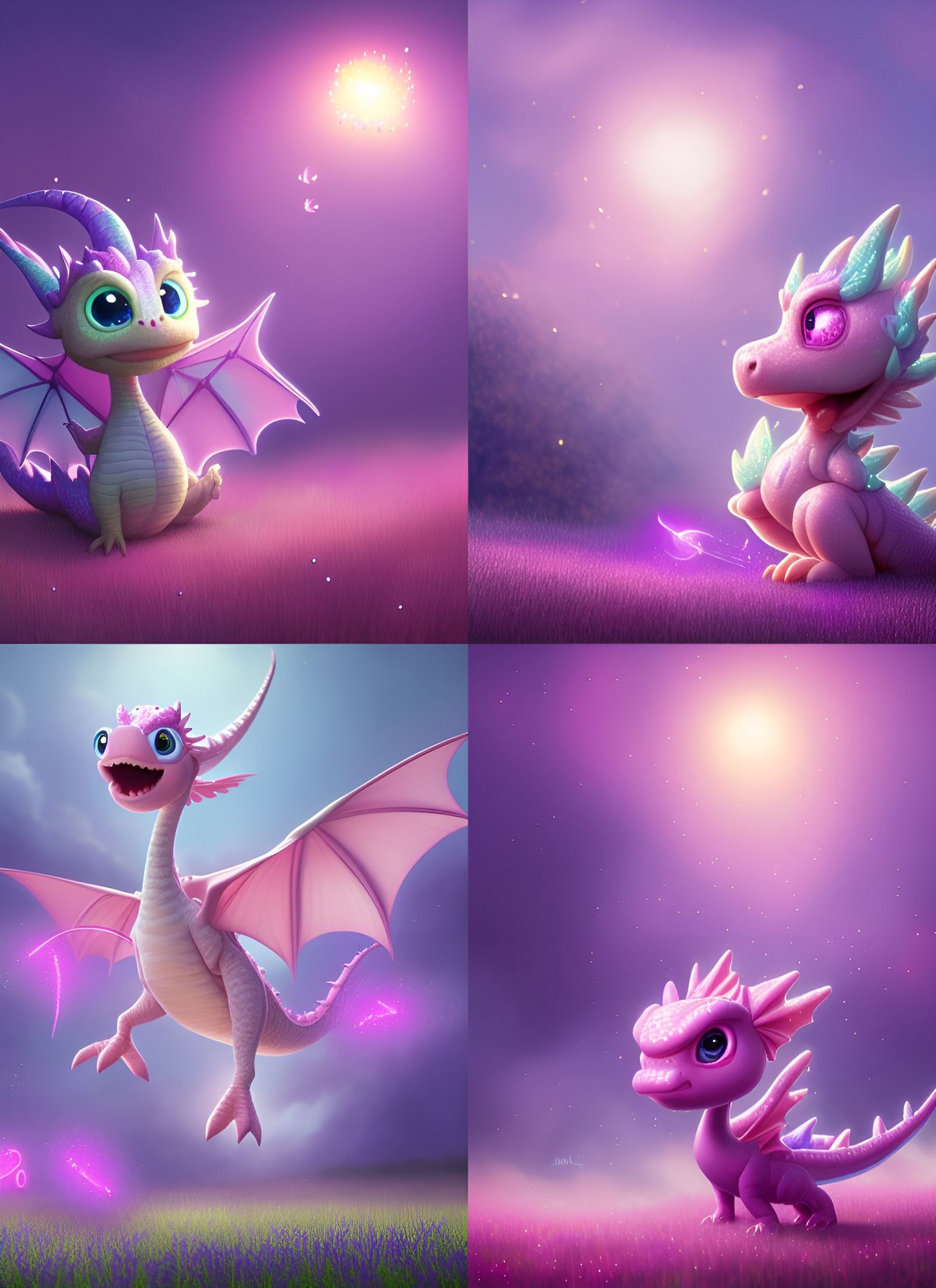 Pixar Style Pink Dragon in Sparkle Field