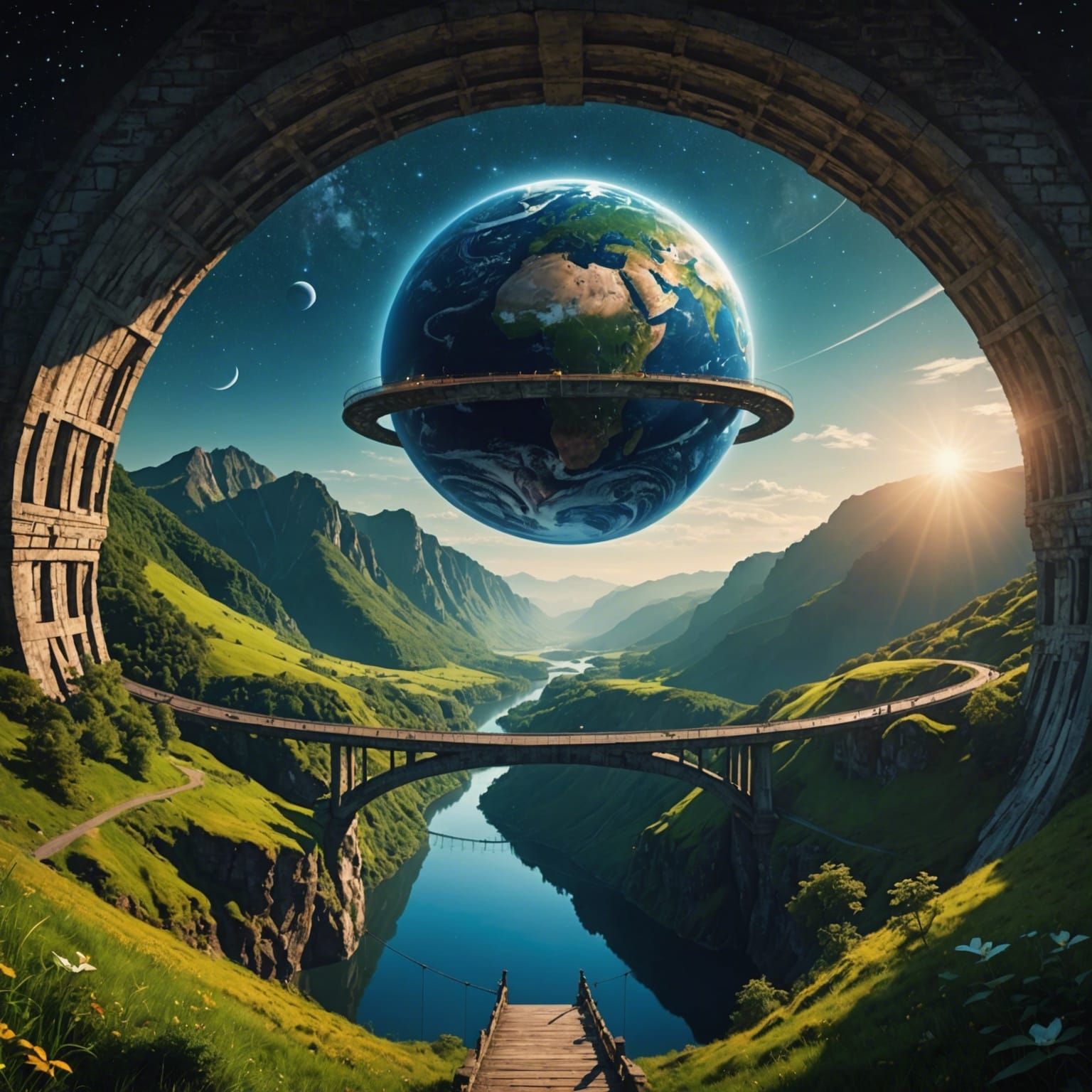 Earth Suspended by Bridge in Mysterious Landscape