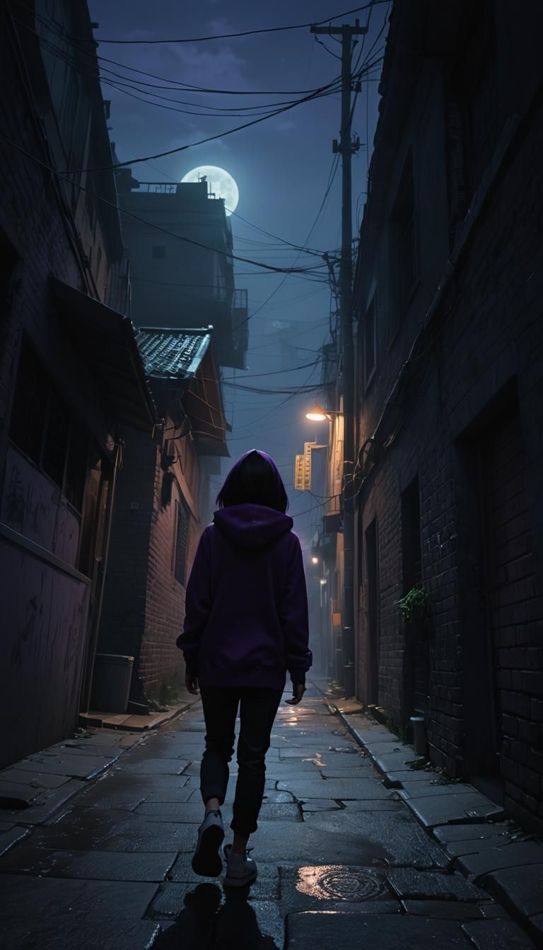 Girl in Purple Hoodie in Foggy Alley: 3D Anime Art