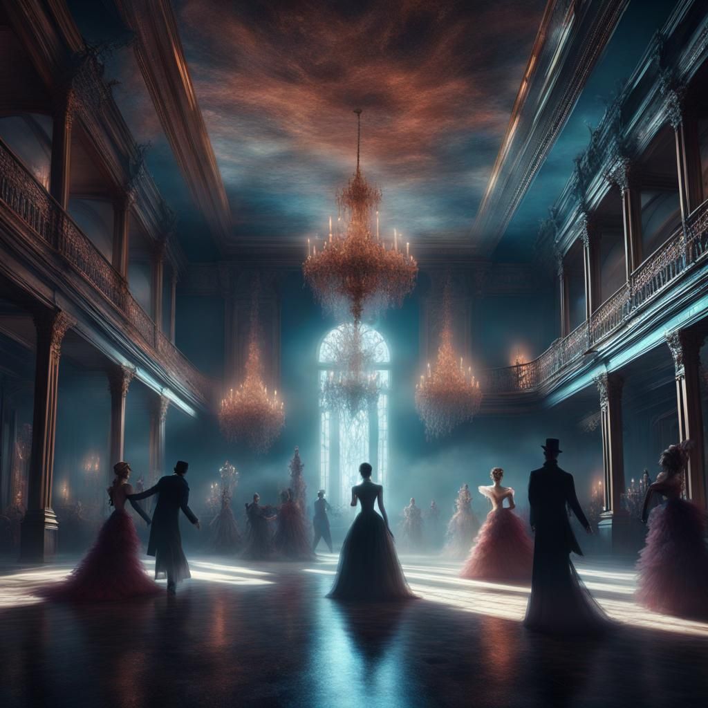 Haunted Ballroom with Ethereal Dancing Ghosts