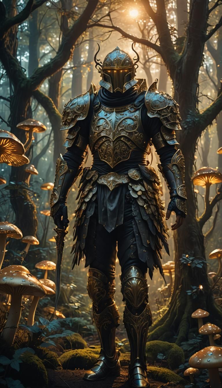 Mystical Armored Figure in Bioluminescent Forest