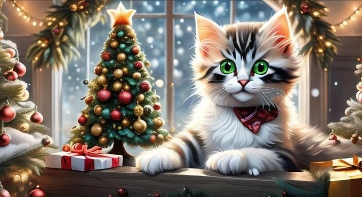 Surreal Christmas Scene with Adorable Fluffy Kitten