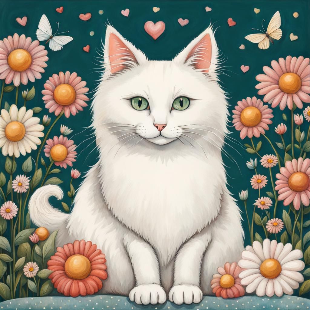 Angora Cat with Flowers in Whimsical Style