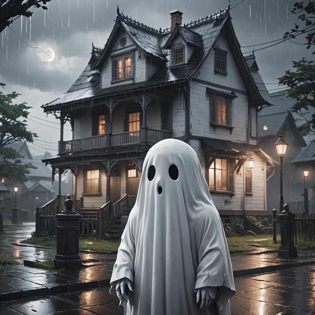 Sad Ghost in Rainy Weather, Cinematic 3D Art