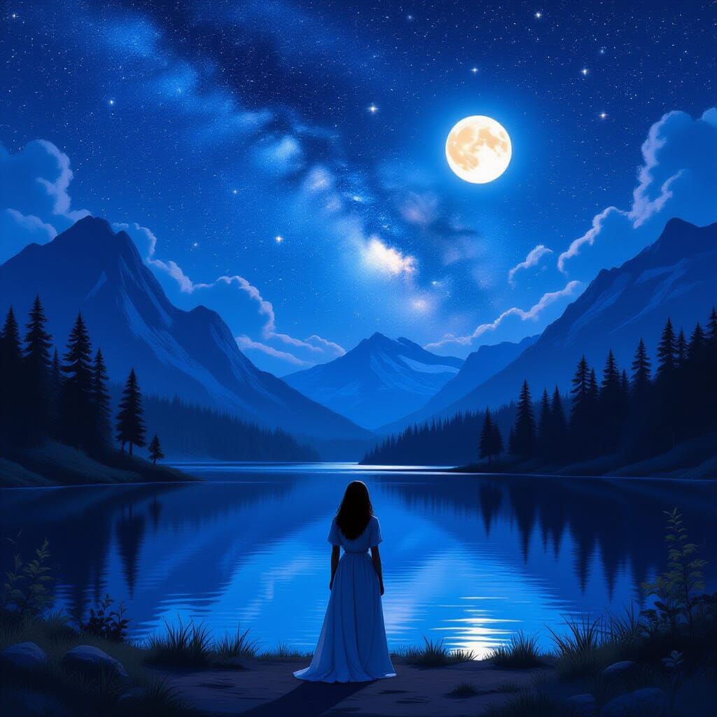 Woman Under Starry Sky by Lake, Digital Art