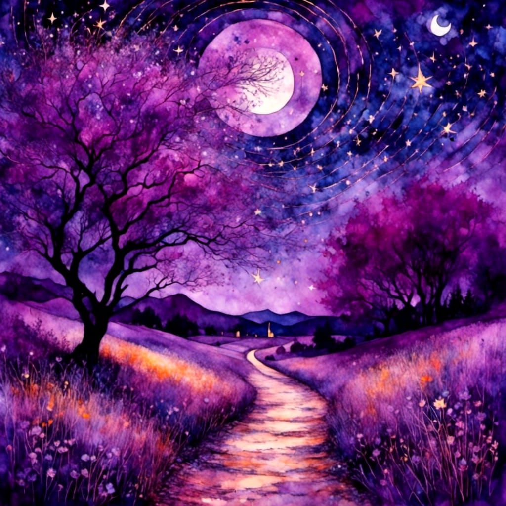 Path Through Purple Starry Night in Liquid Ink