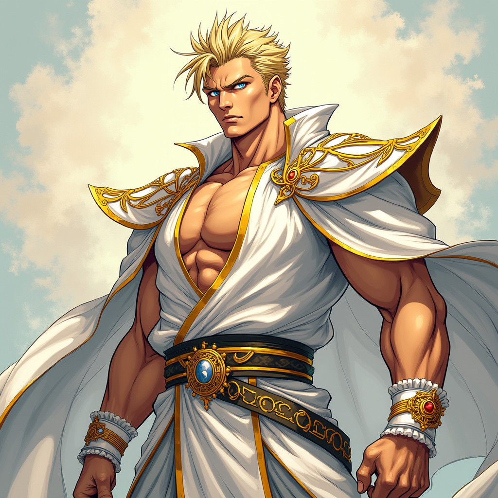 Imposing Man in Gold Attire, Anime Style