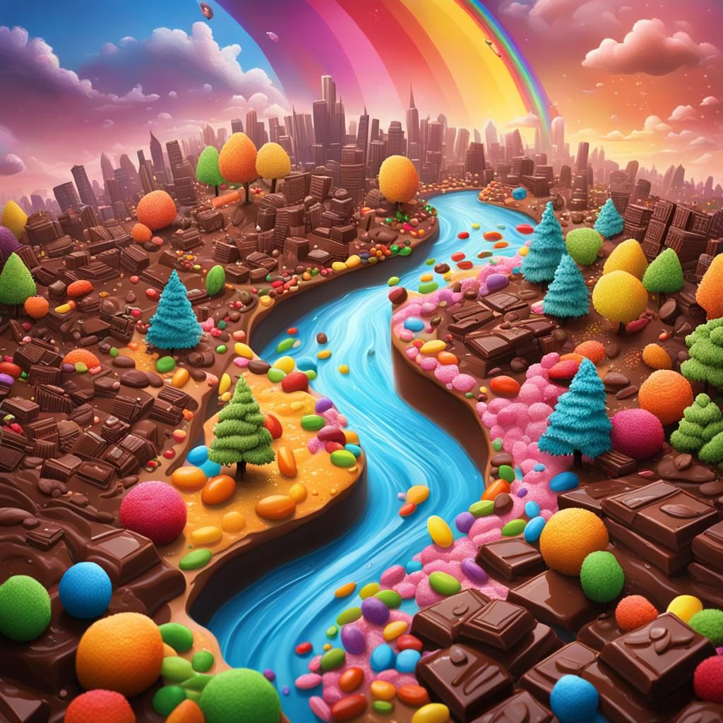 A Chocolate City with Smoothie River, Hyperrealistic Art