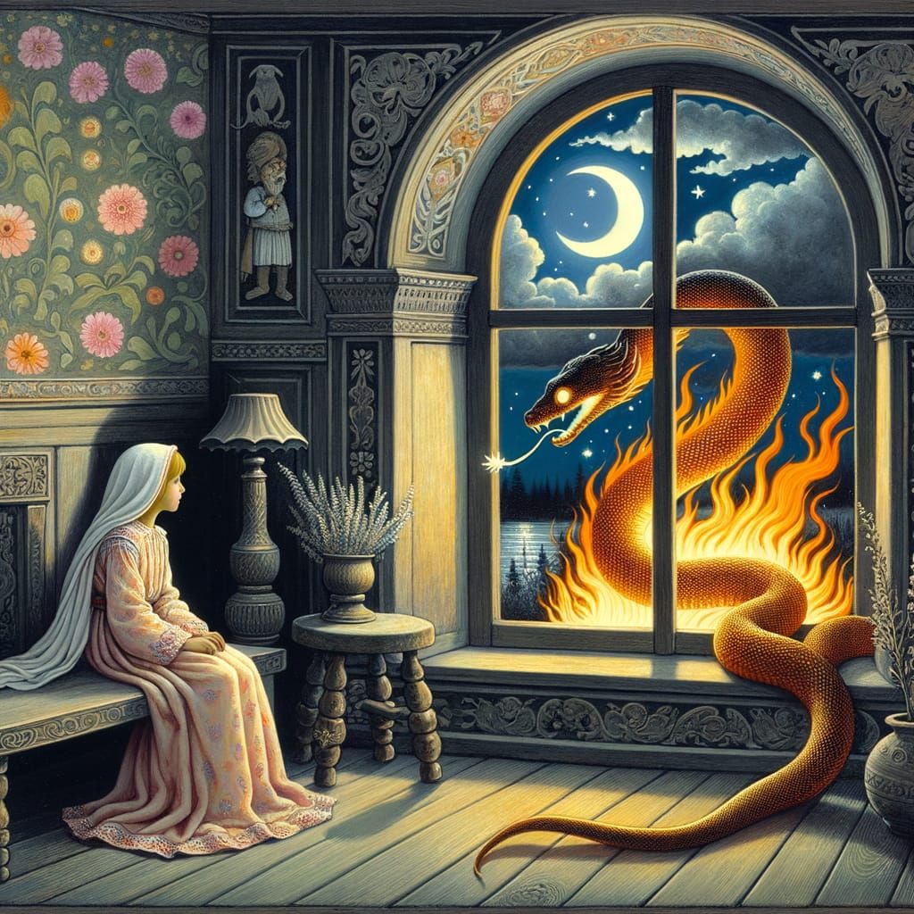 Moonlit Serpent and Folk Slavic Girl in Russian Room