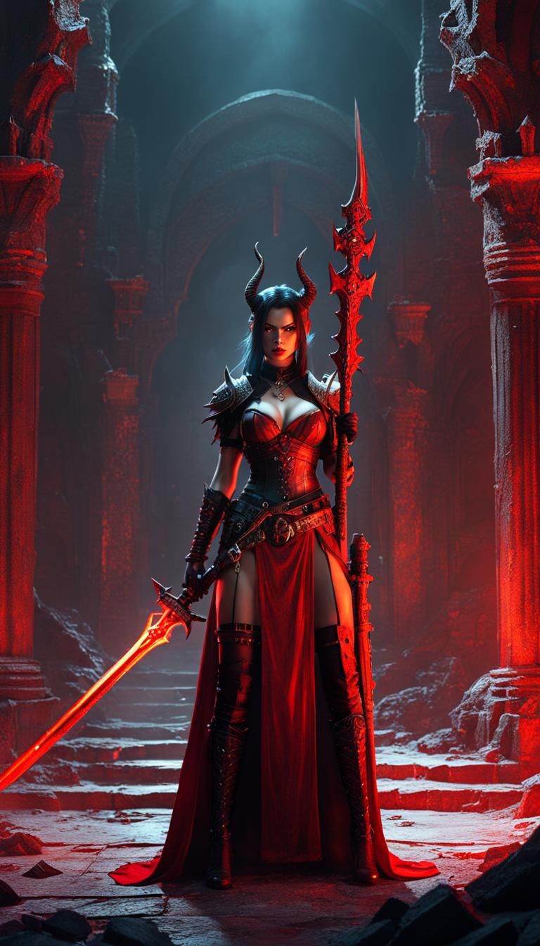 Red Demon Mistress in Dungeon: Matte Painting