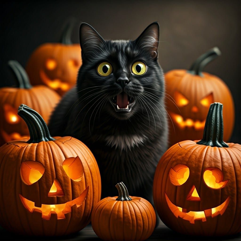 Frightened Black Cat Among Halloween Pumpkins