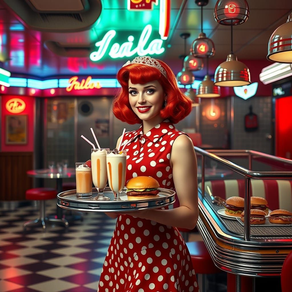 Retro Diner Waitress in Hyperrealistic Americana Setting