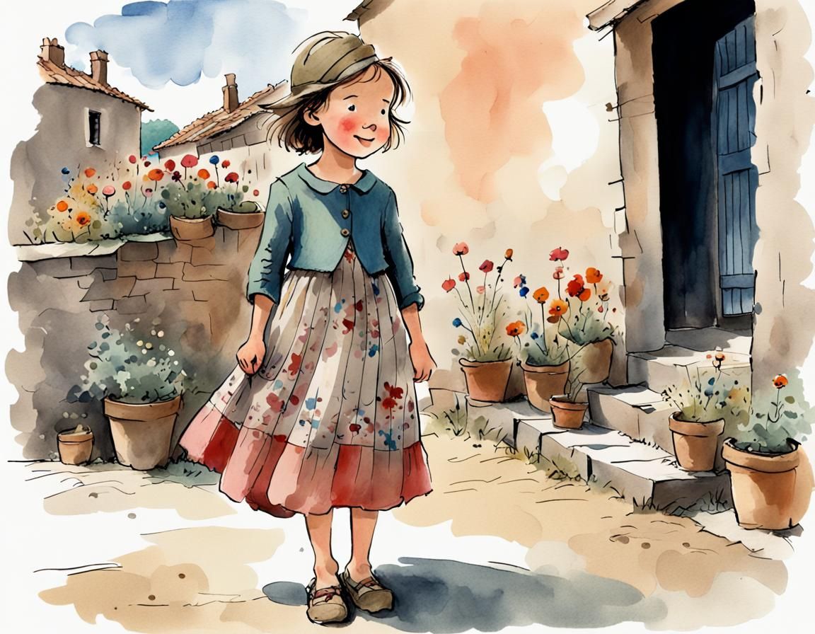 Child in Old Italian Town, Colorful Storybook Illustration