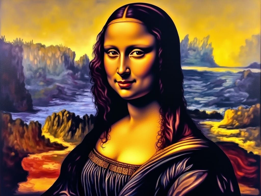 Vibrant Purple and Yellow Mona Lisa Tribute in Pop Art