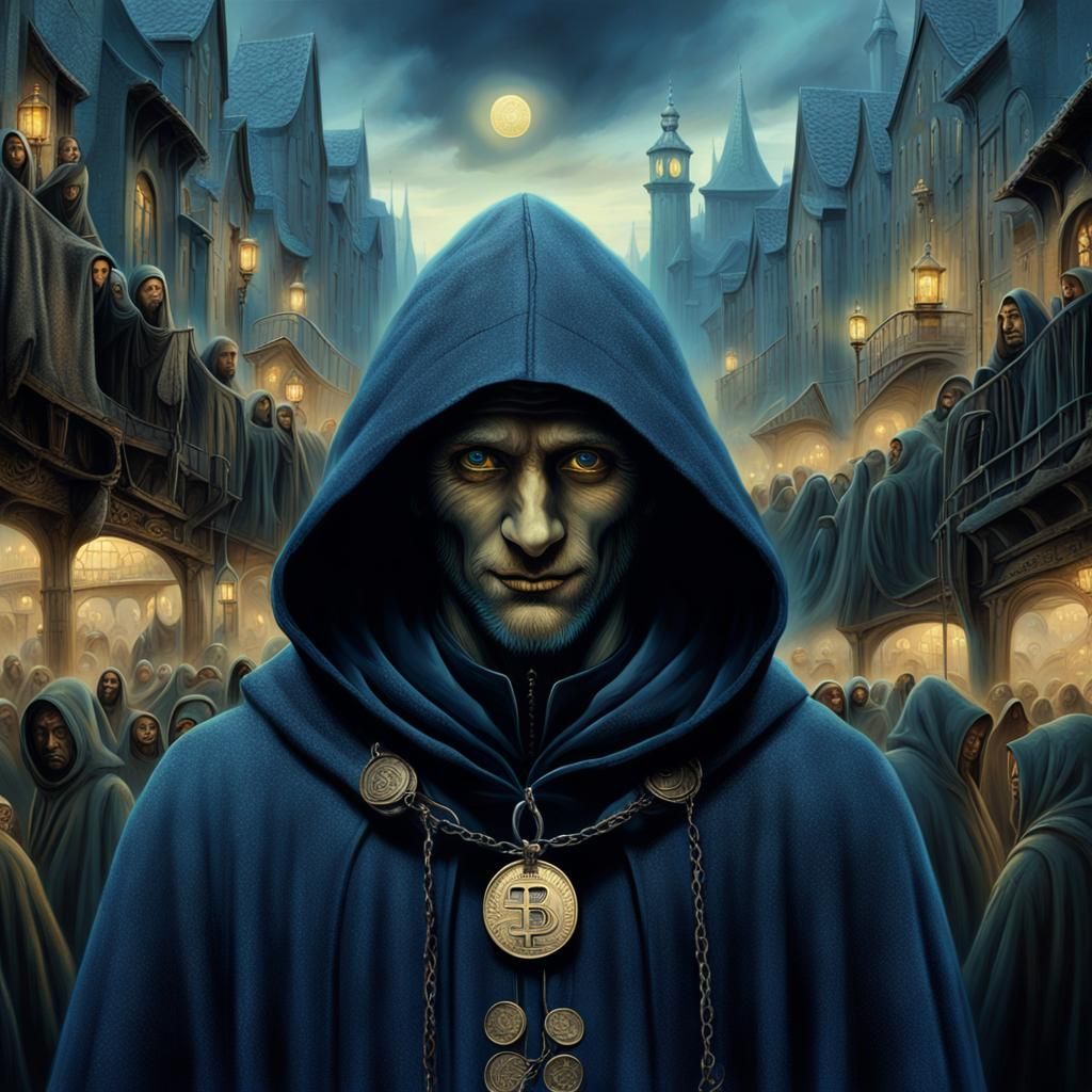Mysterious Figure with Coin in Dreamlike Fantasy Art