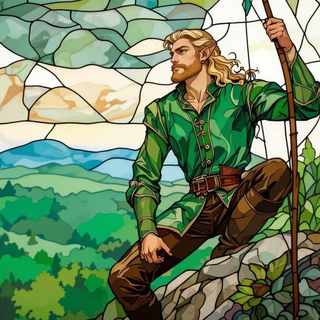 Alphonse Mucha Style Elf Archer in Stained Glass