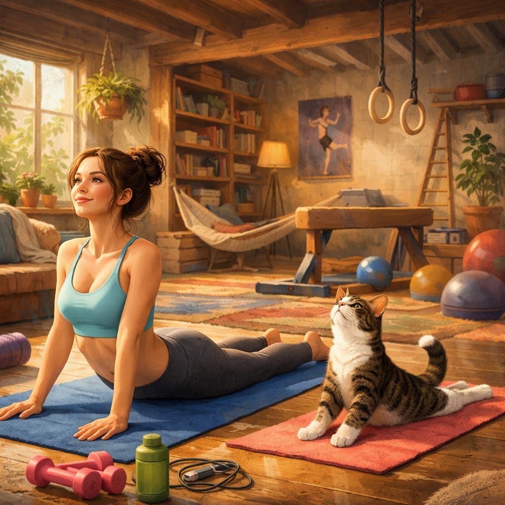 Woman and Cat Gymnastics in Cozy Room Matte Painting