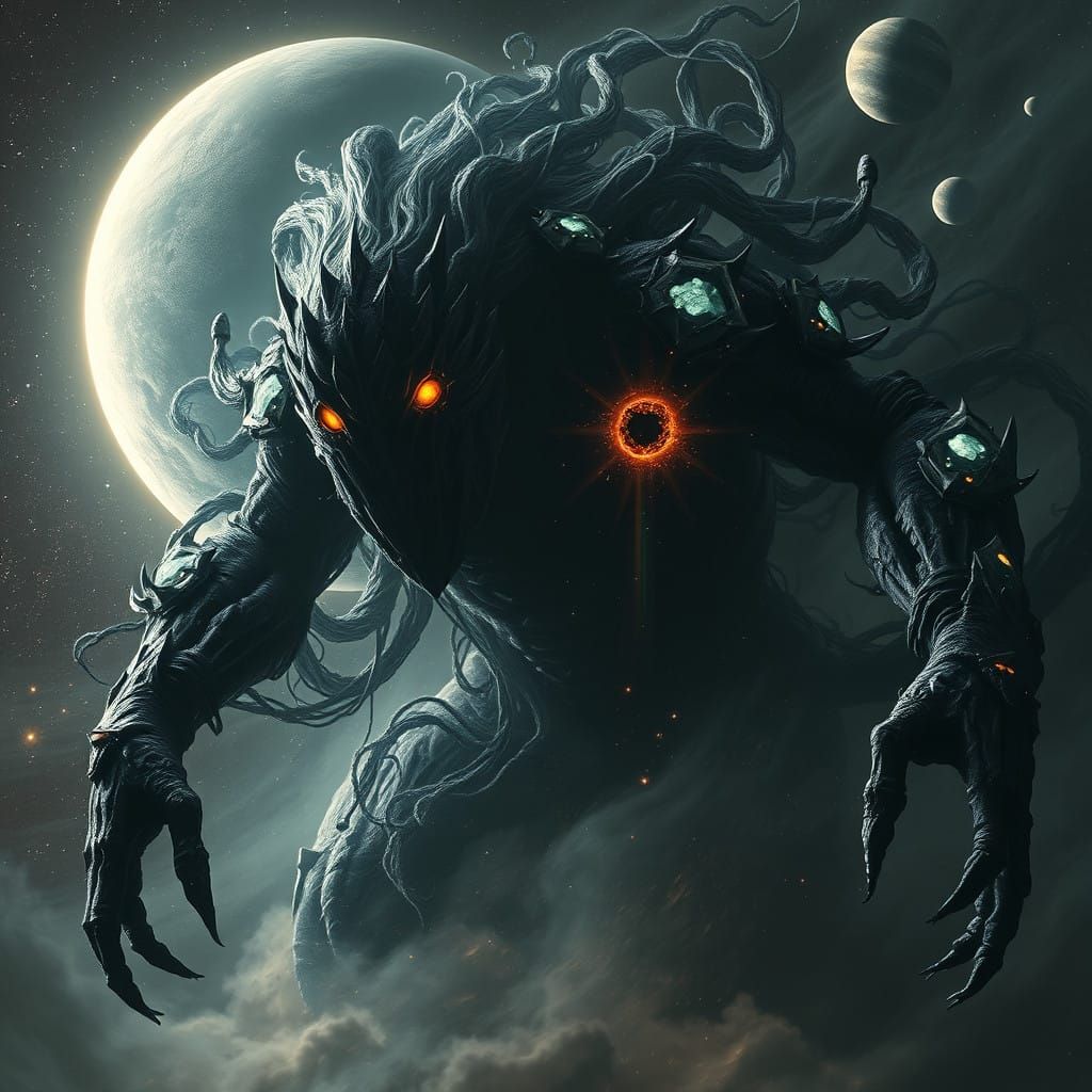 Cosmic Horror: Shadowy Creature with Shattered Meteor Shards...