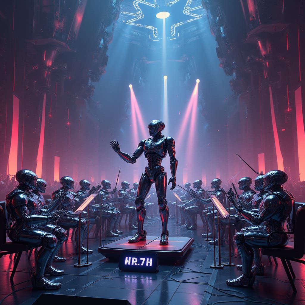 Cyberpunk Metallic Orchestra in Futuristic Concert Hall