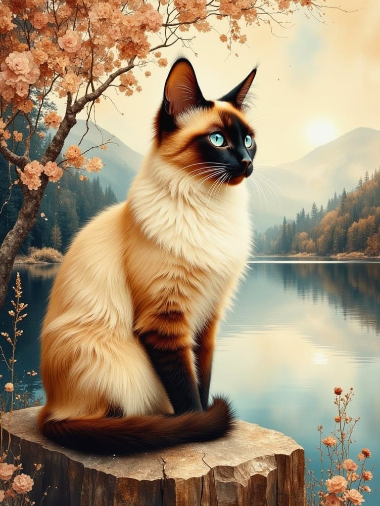 Elegant Siamese Cat in Dreamscape Oil and Watercolor