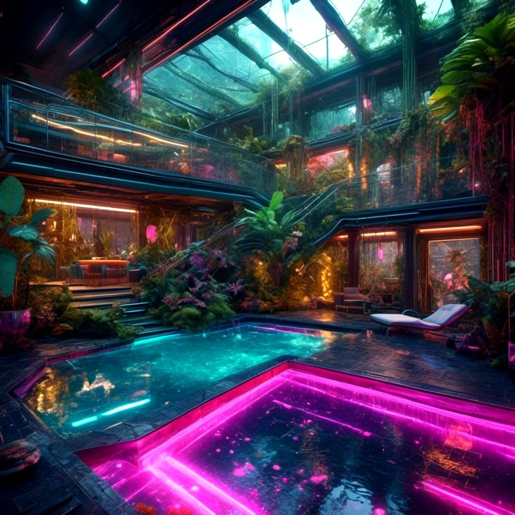 Cyberpunk indoor garden pool