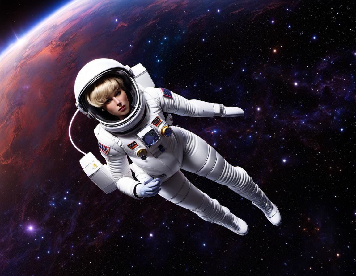 Woman in Spacesuit Floating Among Stars