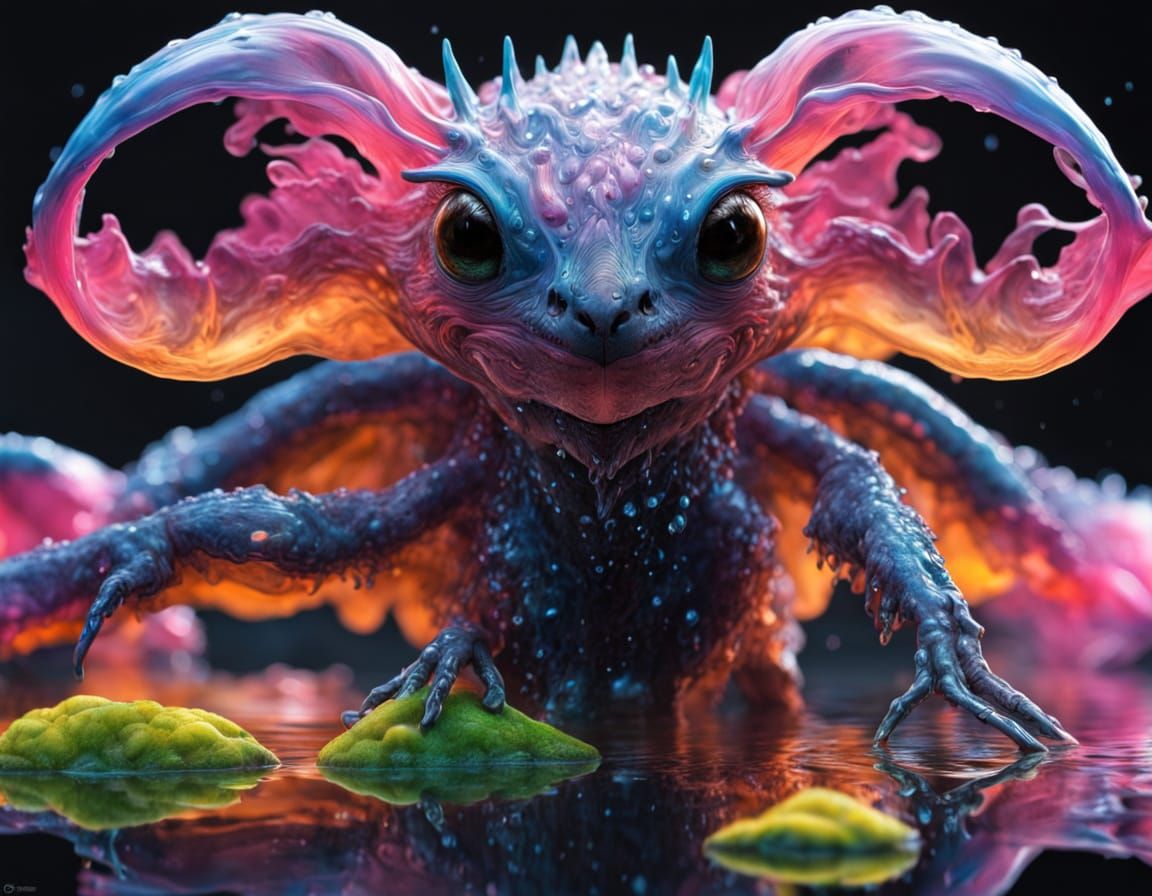 Hyperrealistic Wet Magical Creature with Colorful Reflection...