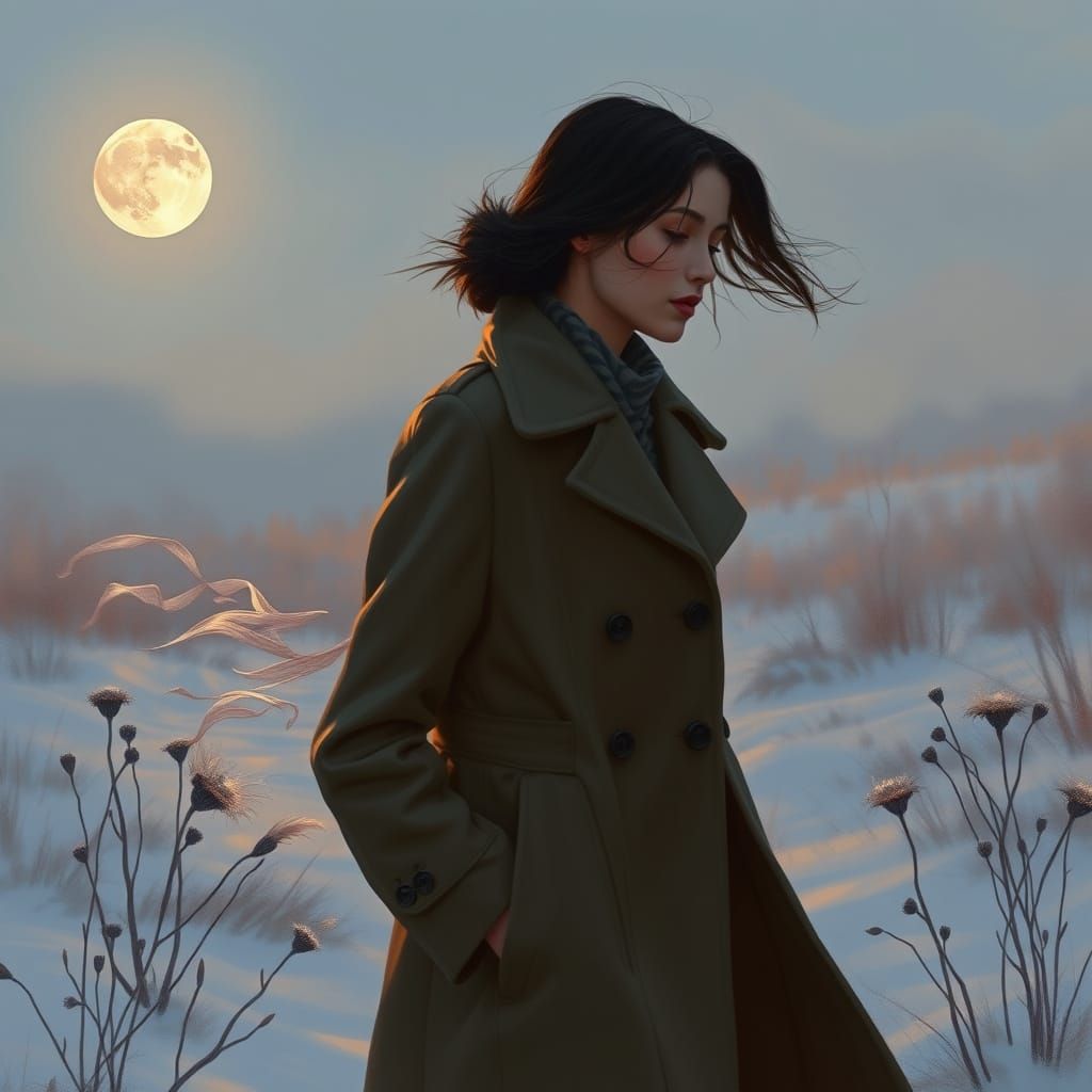 Moonlit Snowy Landscape with Windswept Flowers, Art Nouveau ...