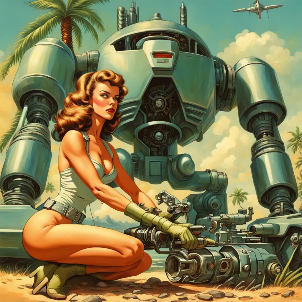 Retro-Futuristic Pinup: Mechanic Woman Fixing Alien Mech