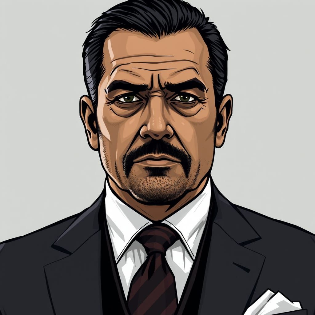 Mafia Don in Custom-Tailored Suit with Dark, Piercing Eyes