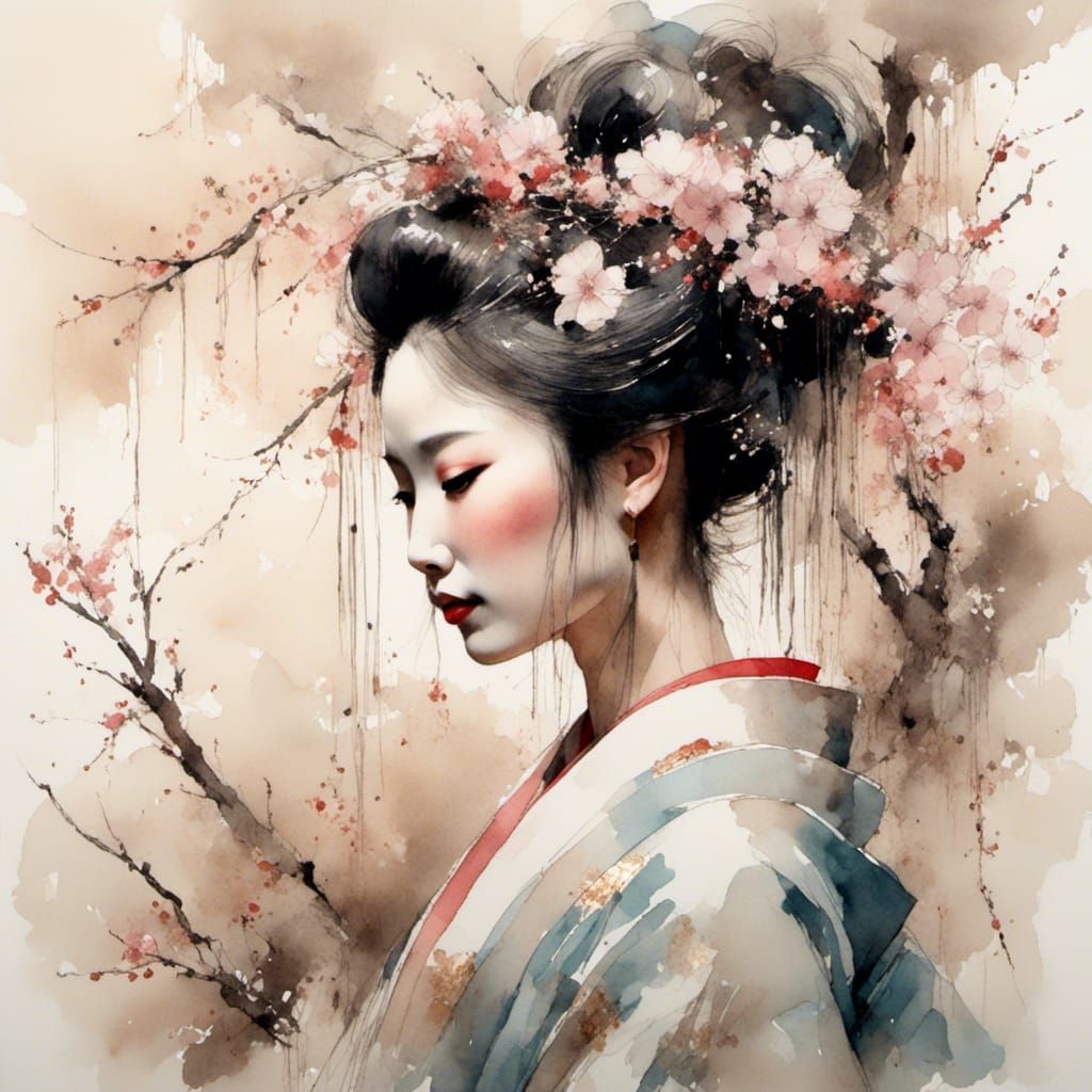 Geisha in Tea Ceremony: Watercolor Masterpiece