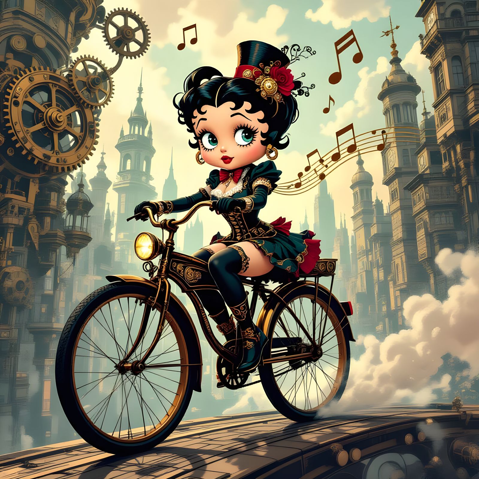 A steampunk Betty Boop rides a penny-farthing through a clockwork city.