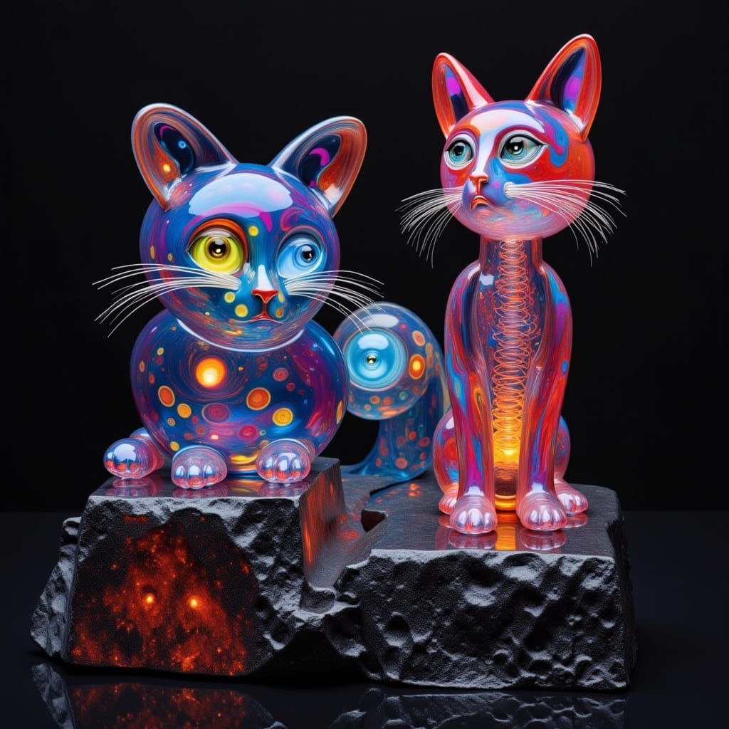 Surreal Feline Glass Sculptures on Obsidian Pillars