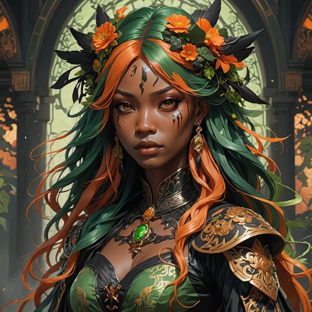 Gothic Tengu Girl Portrait in Art Nouveau Style